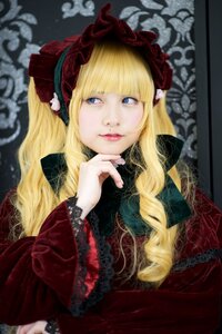 Rating: Safe Score: 0 Tags: 1girl bangs blonde_hair blue_eyes blunt_bangs blurry dress eyelashes flower lace lips long_hair looking_at_viewer red_dress shinku solo User: admin