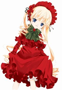 Rating: Safe Score: 0 Tags: 1girl blonde_hair blue_eyes bonnet bow bowtie dress flower green_bow green_neckwear image long_hair long_sleeves looking_at_viewer red_dress shinku simple_background solo standing twintails underwear very_long_hair white_background User: admin