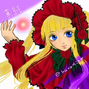 Rating: Safe Score: 0 Tags: 1girl bangs blonde_hair blue_eyes bonnet bow capelet dress flower green_bow image long_hair long_sleeves looking_at_viewer pink_rose red_capelet red_dress red_flower red_rose rose shinku sidelocks simple_background smile solo upper_body User: admin