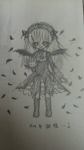 Rating: Safe Score: 0 Tags: 1girl dress eighth_note feathers full_body greyscale hairband image lolita_hairband long_sleeves looking_at_viewer monochrome musical_note solo suigintou traditional_media wings User: admin