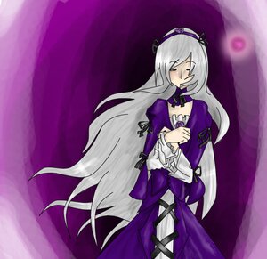 Rating: Safe Score: 0 Tags: 1girl dress frills hair_over_one_eye hairband image long_hair long_sleeves puffy_sleeves purple_background purple_dress purple_flower purple_rose ribbon silver_hair solo standing suigintou very_long_hair User: admin