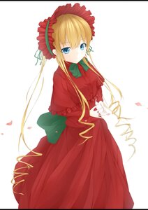 Rating: Safe Score: 0 Tags: 1girl blonde_hair blue_eyes bonnet bow bowtie capelet dress flower green_neckwear image long_hair long_sleeves looking_at_viewer petals shinku solo twintails User: admin