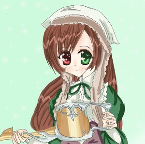 Rating: Safe Score: 0 Tags: 1girl blush brown_hair dress frills green_background green_dress green_eyes hat head_scarf heterochromia holding image long_hair long_sleeves looking_at_viewer red_eyes simple_background solo suiseiseki upper_body very_long_hair watering_can User: admin