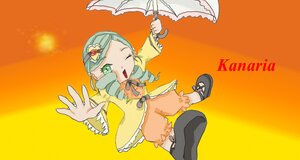 Rating: Safe Score: 0 Tags: 1girl dress drill_hair flower green_eyes green_hair hair_ornament image kanaria long_sleeves one_eye_closed open_mouth orange_background short_hair simple_background solo umbrella User: admin