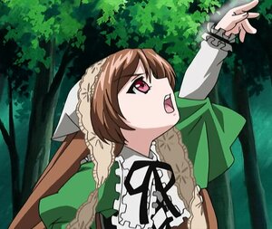 Rating: Safe Score: 0 Tags: 1girl apron brown_hair day dress forest frills green_dress image long_sleeves looking_away nature open_mouth outdoors red_eyes solo suiseiseki tree upper_body User: admin