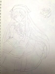 Rating: Safe Score: 0 Tags: 1girl dress flower hairband image long_hair long_sleeves looking_at_viewer monochrome ribbon rose solo suiseiseki traditional_media very_long_hair User: admin