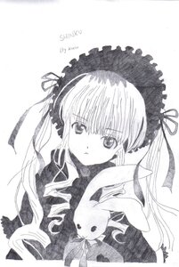 Rating: Safe Score: 0 Tags: 1girl dress frills hair_ribbon image long_hair long_sleeves looking_at_viewer monochrome ribbon shinku simple_background solo striped stuffed_animal traditional_media white_background User: admin