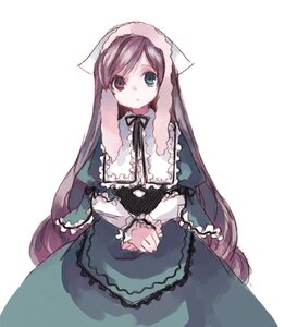 Rating: Safe Score: 0 Tags: 1girl black_ribbon brown_hair dress frills green_dress green_eyes heterochromia image long_hair long_sleeves looking_at_viewer simple_background solo suiseiseki very_long_hair white_background User: admin