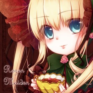 Rating: Safe Score: 0 Tags: 1girl blonde_hair blue_eyes bow dress flower food hat image long_hair looking_at_viewer pink_flower pink_rose rose shinku solo User: admin