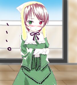 Rating: Safe Score: 0 Tags: 1girl blurry blush brown_hair building costume_switch depth_of_field dress frills green_dress green_eyes heterochromia image long_sleeves looking_at_viewer outdoors red_eyes solo standing suiseiseki User: admin
