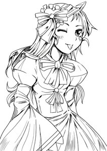 Rating: Safe Score: 0 Tags: 1girl blush dress greyscale hat image juliet_sleeves kanaria long_hair long_sleeves monochrome one_eye_closed puffy_sleeves ribbon simple_background solo tongue tongue_out white_background User: admin