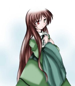 Rating: Safe Score: 0 Tags: 1girl bangs brown_hair cowboy_shot dress frills green_dress green_eyes heterochromia image long_hair long_sleeves looking_at_viewer red_eyes simple_background solo standing suiseiseki very_long_hair wide_sleeves User: admin