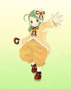 Rating: Safe Score: 0 Tags: 1girl :d bloomers drill_hair frills full_body green_eyes green_hair hat image kanaria long_sleeves open_mouth puffy_pants ribbon shoes short_hair smile solo standing twin_drills User: admin