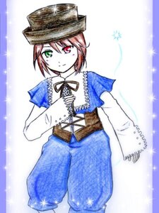 Rating: Safe Score: 0 Tags: 1girl blue_dress brown_hair dress green_eyes hat heterochromia image long_sleeves looking_at_viewer pants red_eyes ribbon short_hair solo souseiseki sparkle sparkle_background User: admin