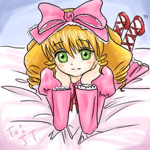 Rating: Safe Score: 0 Tags: 1girl blonde_hair bow dress drill_hair frills green_eyes hina_ichigo hinaichigo image long_sleeves looking_at_viewer lying pink_bow pink_dress solo wings User: admin