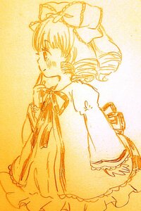 Rating: Safe Score: 0 Tags: 1girl bow dress drill_hair hinaichigo image juliet_sleeves long_sleeves monochrome puffy_sleeves solo traditional_media yellow_theme User: admin