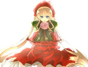 Rating: Safe Score: 0 Tags: 1girl blonde_hair blue_eyes bonnet bow bowtie capelet dress flower frills image long_hair long_sleeves looking_at_viewer pink_rose red_dress rose shinku simple_background solo standing very_long_hair white_background User: admin