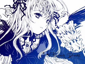 Rating: Safe Score: 0 Tags: 1girl bangs blue_theme dated dress eyebrows_visible_through_hair hair_ribbon image long_hair long_sleeves looking_at_viewer monochrome parted_lips ribbon signature solo suigintou traditional_media upper_body User: admin
