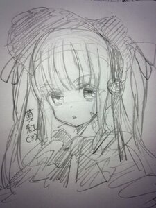 Rating: Safe Score: 0 Tags: 1girl bangs eyebrows_visible_through_hair graphite_(medium) greyscale hair_ribbon image long_hair looking_at_viewer monochrome photo ribbon shinku simple_background sketch solo traditional_media upper_body User: admin