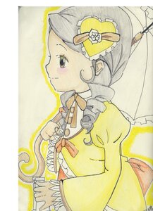 Rating: Safe Score: 0 Tags: 1girl bow dress drill_hair frills hat holding_umbrella image juliet_sleeves kanaria long_hair long_sleeves parasol puffy_sleeves smile solo traditional_media umbrella upper_body yellow_background User: admin