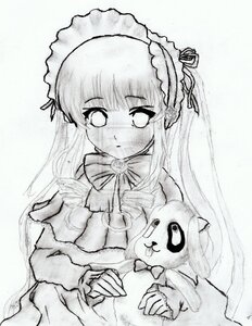 Rating: Safe Score: 0 Tags: 1girl blush bow bowtie dress image long_hair long_sleeves monochrome shinku simple_background solo stuffed_animal suigintou traditional_media User: admin