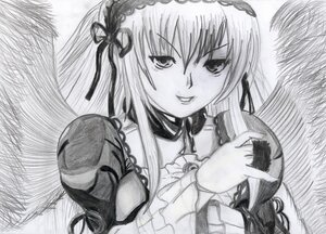 Rating: Safe Score: 0 Tags: 1girl black_wings detached_collar dress feathered_wings frills greyscale hairband image long_hair long_sleeves looking_at_viewer monochrome ribbon simple_background smile solo suigintou traditional_media upper_body wings User: admin