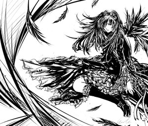 Rating: Safe Score: 0 Tags: 1girl black_wings boots dress feathered_wings feathers frills greyscale hairband high_heel_boots high_heels image long_hair looking_at_viewer monochrome sitting solo suigintou wings User: admin