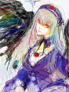 Rating: Safe Score: 0 Tags: 1girl black_wings detached_collar dress flower frills hairband image long_hair long_sleeves looking_at_viewer red_eyes rose signature solo suigintou upper_body wings User: admin