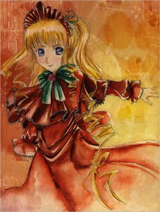 Rating: Safe Score: 0 Tags: 1girl blonde_hair blue_eyes blush bonnet bow bowtie capelet cowboy_shot dress drill_hair frills green_bow image long_hair long_sleeves looking_at_viewer marker_(medium) red_dress shinku solo traditional_media twintails User: admin