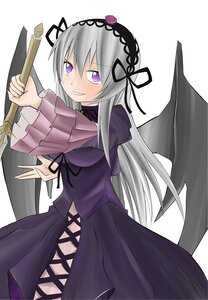 Rating: Safe Score: 0 Tags: 1girl black_wings dress flower gothic_lolita grin hairband image lolita_fashion lolita_hairband long_hair long_sleeves looking_at_viewer purple_eyes ribbon rose silver_hair simple_background smile solo suigintou white_background wings User: admin