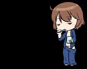 Rating: Safe Score: 0 Tags: 1girl ahoge brown_hair chibi heterochromia holding image navel pajamas pants_pull red_eyes short_hair solo souseiseki track_pants track_suit transparent_background User: admin