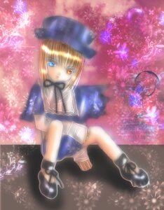 Rating: Safe Score: 0 Tags: 1girl blonde_hair blue_dress blue_eyes capelet dress hat heterochromia image looking_at_viewer shoes short_hair sitting solo souseiseki User: admin