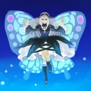 Rating: Safe Score: 0 Tags: 1girl black_dress black_footwear black_ribbon blue_background boots bubble dress flower frills full_body hairband image knee_boots long_hair long_sleeves looking_at_viewer neck_ribbon red_eyes ribbon rose silver_hair solo suigintou wide_sleeves wings User: admin