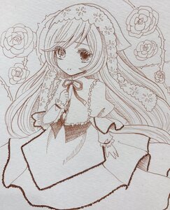 Rating: Safe Score: 0 Tags: 1girl bangs blush capelet dress eyebrows_visible_through_hair flower image long_hair long_sleeves looking_at_viewer monochrome rose solo suiseiseki traditional_media very_long_hair User: admin