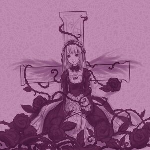 Rating: Safe Score: 0 Tags: 1girl dress flower hairband image long_hair long_sleeves looking_at_viewer monochrome polka_dot purple_rose red_flower red_rose rose solo suigintou thorns User: admin