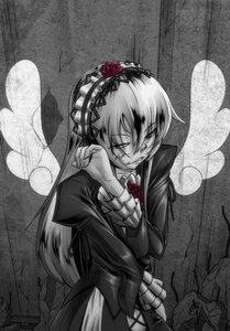 Rating: Safe Score: 0 Tags: 1girl bow dress flower frills greyscale grin hairband image lolita_hairband long_hair long_sleeves monochrome rose smile solo suigintou wings User: admin