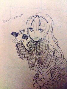 Rating: Safe Score: 0 Tags: 1girl hair_ribbon holding_microphone image long_hair long_sleeves looking_at_viewer microphone monochrome ribbon school_uniform smile solo suigintou traditional_media User: admin