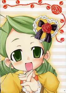 Rating: Safe Score: 0 Tags: 1girl :d drill_hair flower green_eyes green_hair hands_clasped hands_together image kanaria long_sleeves open_mouth own_hands_together red_flower red_rose rose smile solo striped_background User: admin