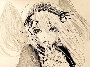 Rating: Safe Score: 0 Tags: 1girl bangs closed_mouth eyebrows_visible_through_hair feathered_wings feathers flower hair_ribbon hairband hand_up image long_hair long_sleeves looking_at_viewer monochrome parted_lips ribbon solo suigintou traditional_media upper_body wings User: admin