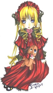 Rating: Safe Score: 0 Tags: 1girl blonde_hair blue_eyes bonnet bow bowtie capelet dress flower image long_hair long_sleeves looking_at_viewer red_dress rose shinku simple_background solo twintails white_background User: admin