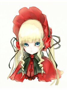 Rating: Safe Score: 0 Tags: 1girl bangs blonde_hair blue_eyes bonnet bow bowtie capelet flower green_bow image long_hair looking_at_viewer red_flower red_rose rose shinku simple_background solo twintails upper_body white_background User: admin