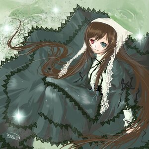 Rating: Safe Score: 0 Tags: 1girl bangs brown_hair dress frills green_dress green_eyes heterochromia image long_hair long_sleeves looking_at_viewer outdoors plant red_eyes solo standing suiseiseki very_long_hair User: admin