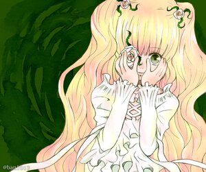 Rating: Safe Score: 0 Tags: 1girl blonde_hair dress flower green_eyes hair_ornament hands_on_own_face image kirakishou long_hair long_sleeves looking_at_viewer plant solo two_side_up upper_body very_long_hair vines User: admin