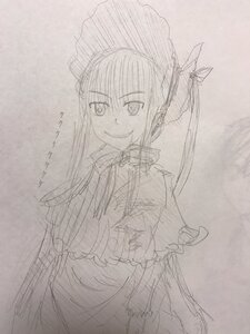 Rating: Safe Score: 0 Tags: 1girl bonnet dress frills image jewelry long_hair long_sleeves looking_at_viewer monochrome shinku simple_background sketch smile solo traditional_media twintails User: admin