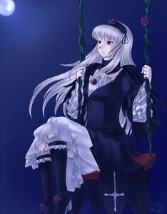 Rating: Safe Score: 0 Tags: 1girl dress flower frills full_moon hairband image kneehighs long_hair long_sleeves moon night night_sky red_eyes rose silver_hair solo suigintou wings User: admin