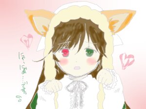 Rating: Safe Score: 0 Tags: 1girl animal_ears blush brown_hair dress eyebrows_visible_through_hair green_eyes heart heterochromia image long_sleeves red_eyes ribbon solo striped striped_background suiseiseki upper_body vertical_stripes User: admin