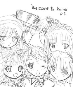 Rating: Safe Score: 0 Tags: 6+girls :d blush greyscale hat image looking_at_viewer monochrome multiple multiple_girls one_eye_closed open_mouth sketch smile tagme white_background User: admin