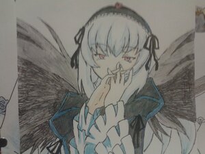 Rating: Safe Score: 0 Tags: 1girl bangs black_ribbon dress eyebrows_visible_through_hair frills hairband hand_to_own_mouth image long_hair long_sleeves looking_at_viewer photo red_eyes ribbon rose simple_background solo suigintou traditional_media very_long_hair wings User: admin