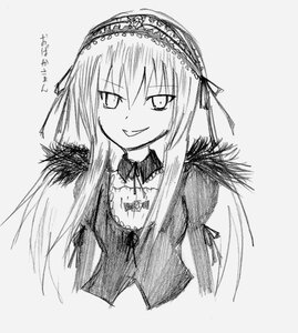 Rating: Safe Score: 0 Tags: 1girl blush dress greyscale grin hairband image long_hair long_sleeves looking_at_viewer monochrome simple_background smile solo suigintou traditional_media upper_body white_background User: admin