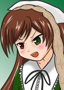 Rating: Safe Score: 0 Tags: 1girl :d bangs blush brown_hair dress green_background green_eyes head_scarf heterochromia image long_hair long_sleeves open_mouth red_eyes ribbon smile solo suiseiseki User: admin